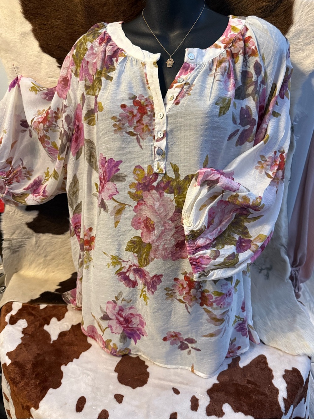 Vince Camuto Cream Floral Peasant Blouse with Pink and Green Accents